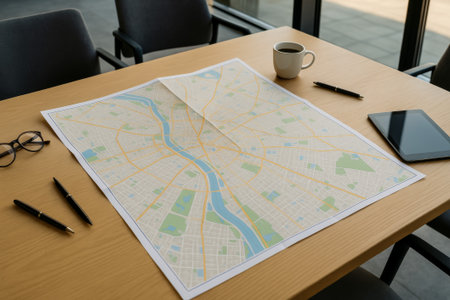 A detailed city map laid on a wooden table alongside a cup of coffee and a tabletの素材