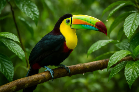 A vibrant toucan sits on a branch, surrounded by lush, green leaves in a rainforestの素材