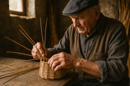 An elderly man skillfully weaving a basket from natural materials in a rustic settingの素材