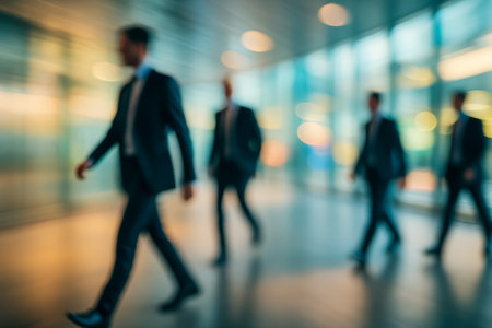 A blurred image of business professionals walking elegantly in a modern office hallway settingの素材