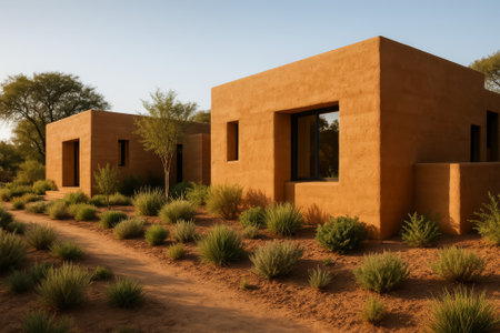 Two contemporary houses with earthy textures surrounded by lush greenery and desert sceneryの素材
