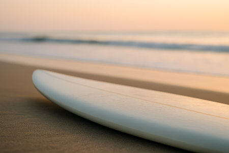 A surfboard positioned on a sandy beach with gentle waves at sunset glowの素材