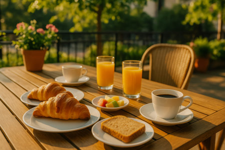 A beautifully arranged breakfast table featuring croissants, fruit salad, and refreshing drinks in sunlightの素材