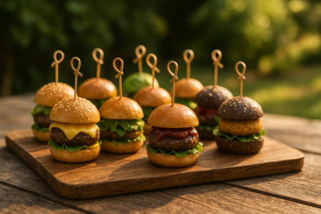A collection of mini burgers on a wooden platter, showcasing various toppings and colorsの素材