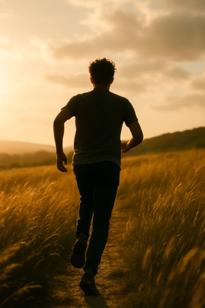 A man jogs along a pathway in a golden field during sunset, enjoying nature's beautyの素材