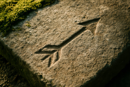 A close-up of a carved arrow symbol on a textured stone surface covered in mossの素材