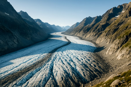 A breathtaking view of a glacier winding through a mountain valley under clear skiesの素材