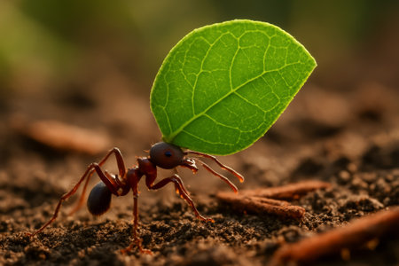 An ant carrying a vibrant green leaf while walking on the groundの素材