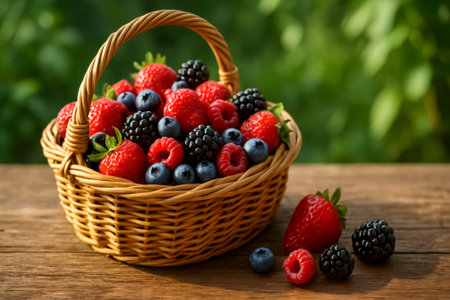 A wicker basket filled with fresh strawberries, blueberries, raspberries, and blackberries on a tableの素材