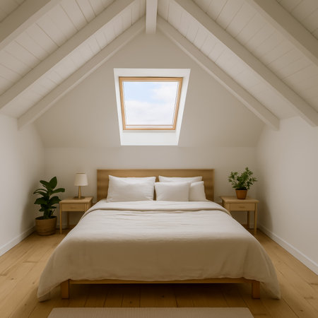 A cozy, minimalist bedroom featuring a skylight, wooden furniture, and houseplants for ambianceの素材