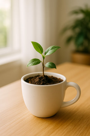 A small plant with green leaves growing in a white cup filled with soilの素材