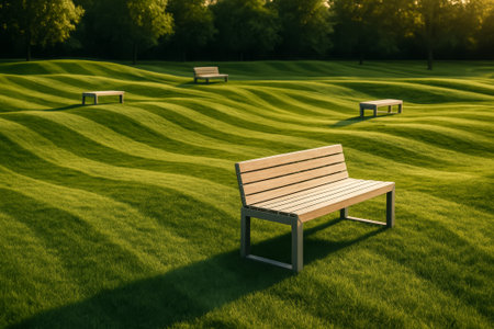 A peaceful park scene featuring benches on green hills with undulating grassの素材