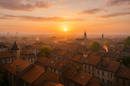An enchanting sunrise illuminating city rooftops, with mist rising in a serene atmosphereの素材