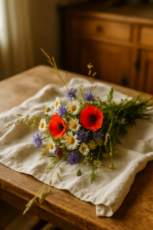 A vibrant bouquet featuring poppies, daisies, and assorted wildflowers on linenの素材
