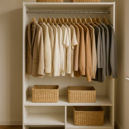 A well-arranged wardrobe showcasing stylish clothing and woven storage baskets for organizationの素材