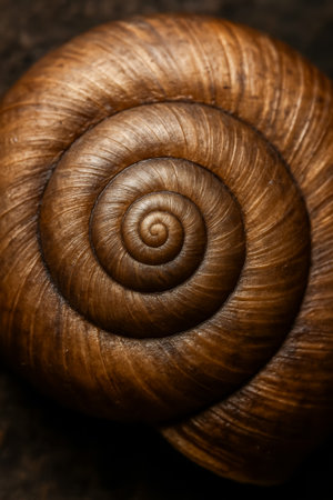 A detailed close-up of a brown snail shell showing its intricate spiral designの素材