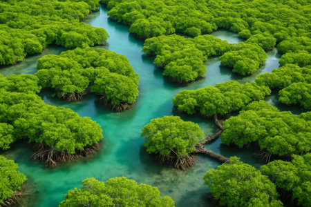 Aerial view of a dense mangrove forest with vibrant green foliage and clear watersの素材