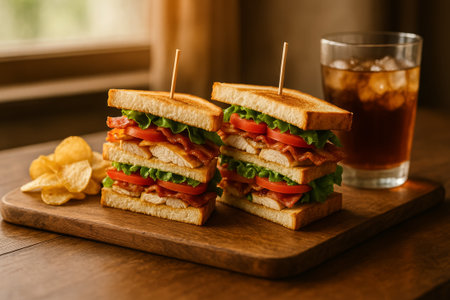 A hearty club sandwich with layers of bacon, lettuce, and tomato beside a glass of iced teaの素材