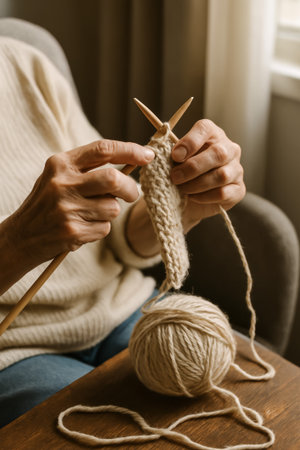 A close-up of hands knitting with beige yarn, creating a cozy crafting atmosphere at homeの素材