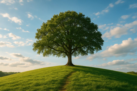 A majestic tree stands prominently on a grassy hill with a beautiful blue sky backdropの素材
