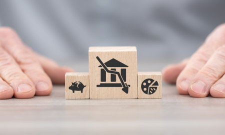 Wooden blocks with symbol of bankruptcy conceptの写真素材