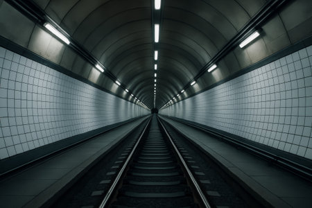 An empty subway tunnel showcasing tracks with bright lights illuminating the wallsの素材