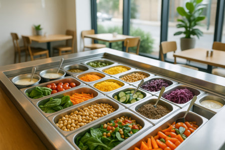 A vibrant salad bar featuring various fresh vegetables, toppings, and dressings in a modern settingの素材