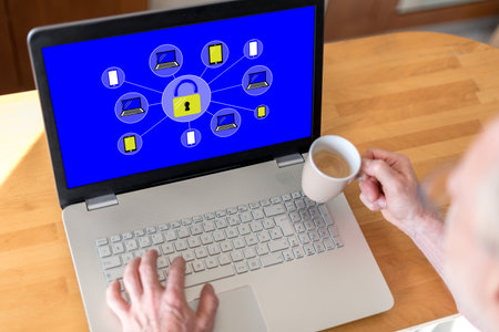 Man using a laptop with password protected concept on the screen