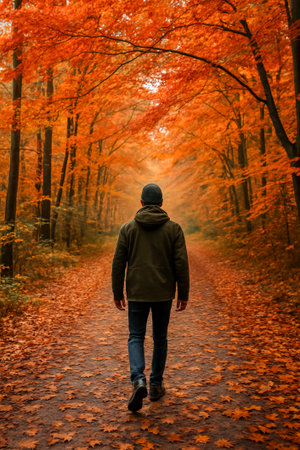 A man walks along a forest path surrounded by stunning autumn colors and fallen leavesの素材