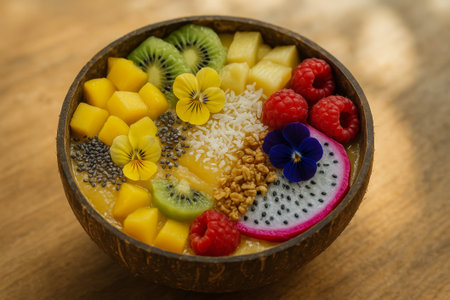 A vibrant smoothie bowl adorned with fresh fruits, flowers, and nutritious toppings, beautifully presentedの素材