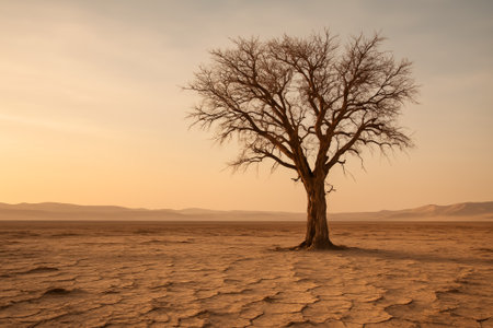 A solitary dry tree stands in a vast desert under a warm sunset glowの素材