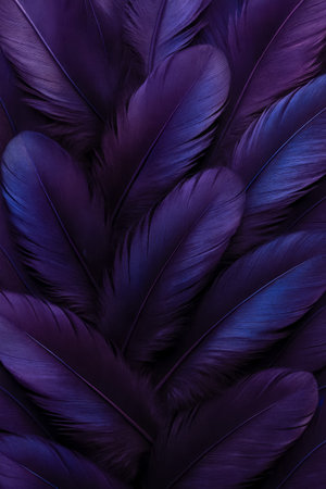 A close-up view of beautifully arranged purple feathers showcasing intricate textures and colorsの素材