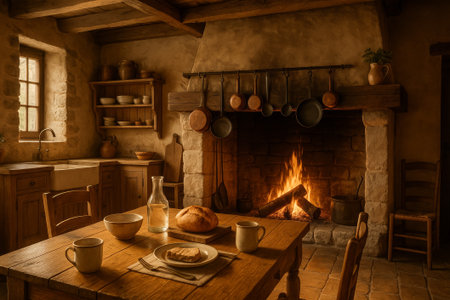 A rustic kitchen featuring a warm fireplace, wooden furniture, and culinary essentials on the tableの素材