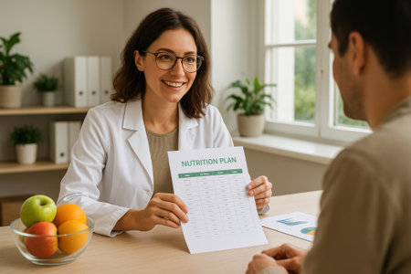 A nutritionist presents a nutrition plan to her client during a friendly consultationの素材
