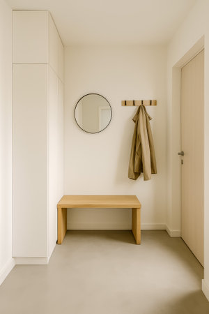 A sleek entryway featuring a wooden bench, mirror, and beige coat hanging on the wallの素材