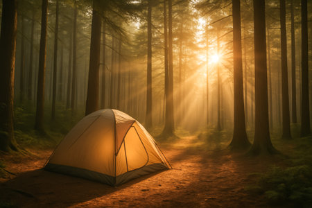 A camping tent glowing in the golden sunlight within a tranquil forest settingの素材