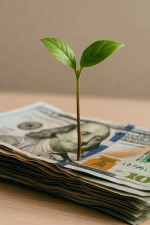 A small green plant grows from a stack of hundred dollar bills, representing financial growth and sustainabilityの素材