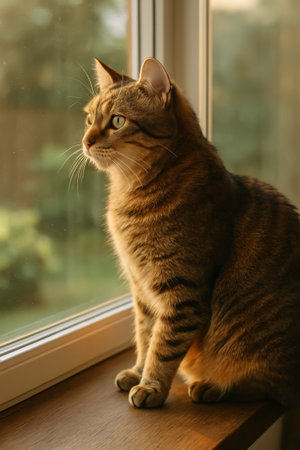 A striped cat gazing thoughtfully out of a sunlit windowの素材