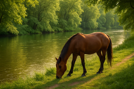 A brown horse grazes peacefully near a calm river surrounded by lush greeneryの素材