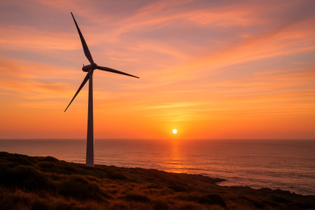 A wind turbine stands tall at sunset, reflecting renewable energy and tranquil natureの素材