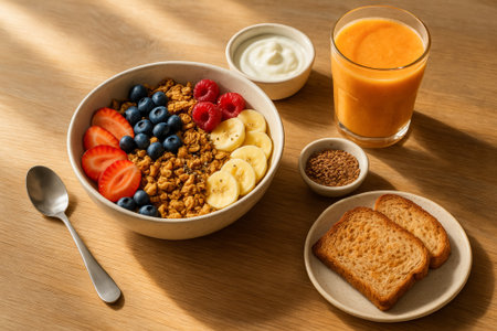 A colorful healthy breakfast featuring fruits, granola, yogurt, and a smoothie on wooden tableの素材