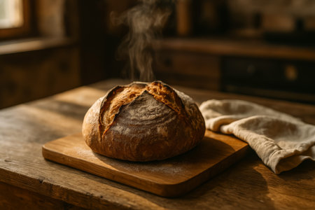 A freshly baked loaf bread resting on a wooden board, emitting steam in warm lightの素材