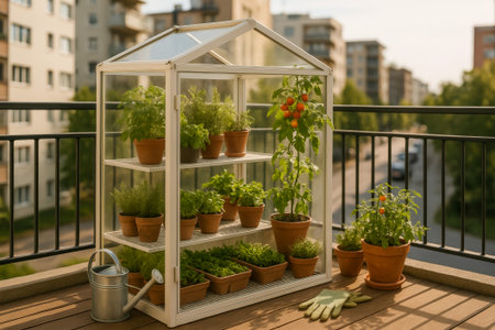 A greenhouse on a balcony filled with various herbs and tomato plants in potsの素材