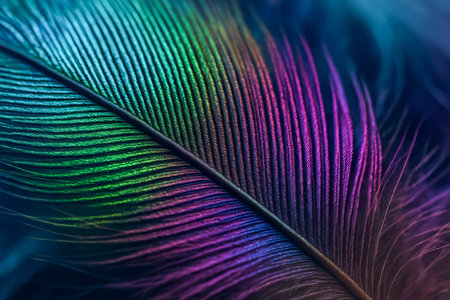 A macro photo of a feather exhibiting stunning hues of green, blue, and purpleの素材