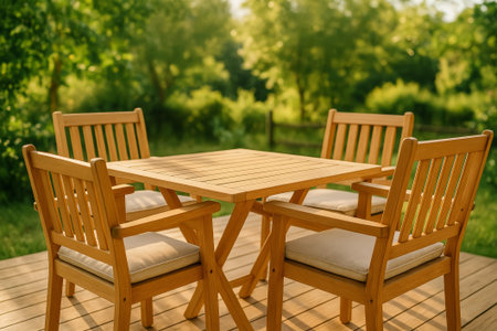 A wooden dining table with four chairs in a peaceful outdoor garden environmentの素材