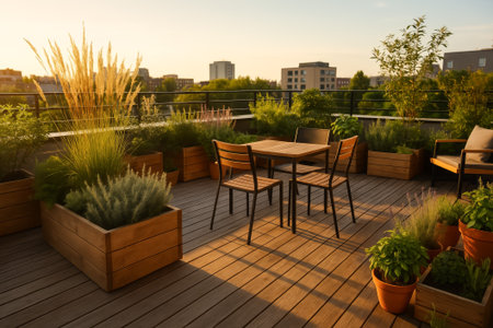 A serene rooftop garden featuring wooden furniture amidst lush greenery during sunsetの素材