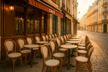 A picturesque outdoor cafÃ© with empty tables and chairs in a tranquil morning lightの素材