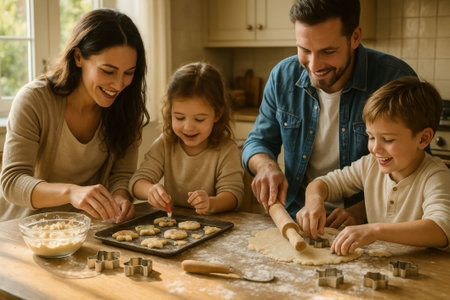 A cheerful family enjoys baking cookies together, creating joyful memories in a cozy kitchenの素材