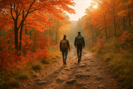 A couple walks along a scenic trail surrounded by vibrant autumn trees in natural lightの素材