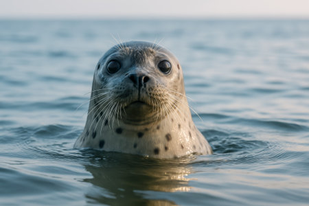 A curious seal pokes its head above calm waters, gazing at the viewerの素材